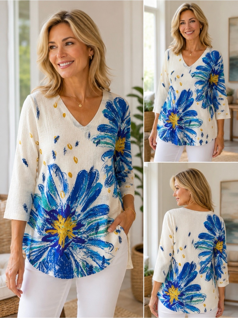INOAH Wearable Art Blue Floral Textured V-Neck Blouse Size M NWOT Made in USA